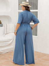 Load image into Gallery viewer, Plus Size Ribbed Half Button Tie-Waist Jumpsuit