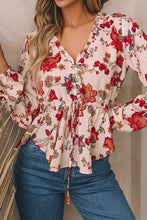 Load image into Gallery viewer, Floral V-Neck Drawstring Peplum Blouse