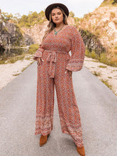 Load image into Gallery viewer, Plus Size Printed V-Neck Tie Front Balloon Sleeve Jumpsuit