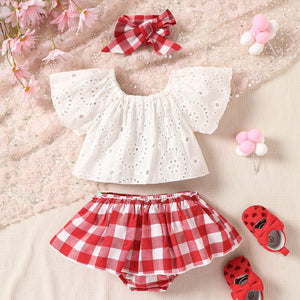 Baby Girl Eyelet Round Neck Top and Plaid Skort Set