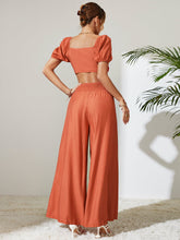 Load image into Gallery viewer, Tie Front Cropped Top and Smocked Wide Leg Pants Set