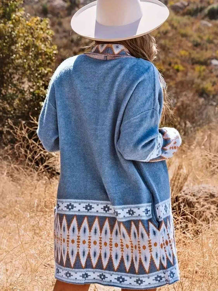 Plus Size Geometric  Open Front Cardigan with Pockets