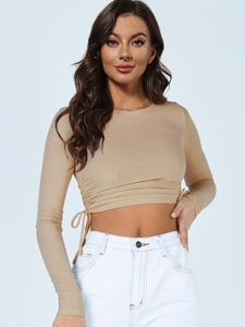 Drawstring Round Neck Long Sleeve Cropped Top