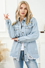 Load image into Gallery viewer, Distressed Button Up Frayed Hem Denim Jacket