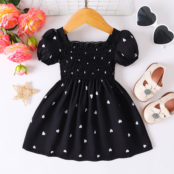 GIRLS Heart Print Smocked Square Neck Dress