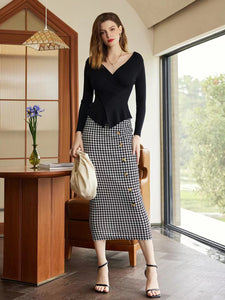 Houndstooth Decorative Button Slit Midi Skirt