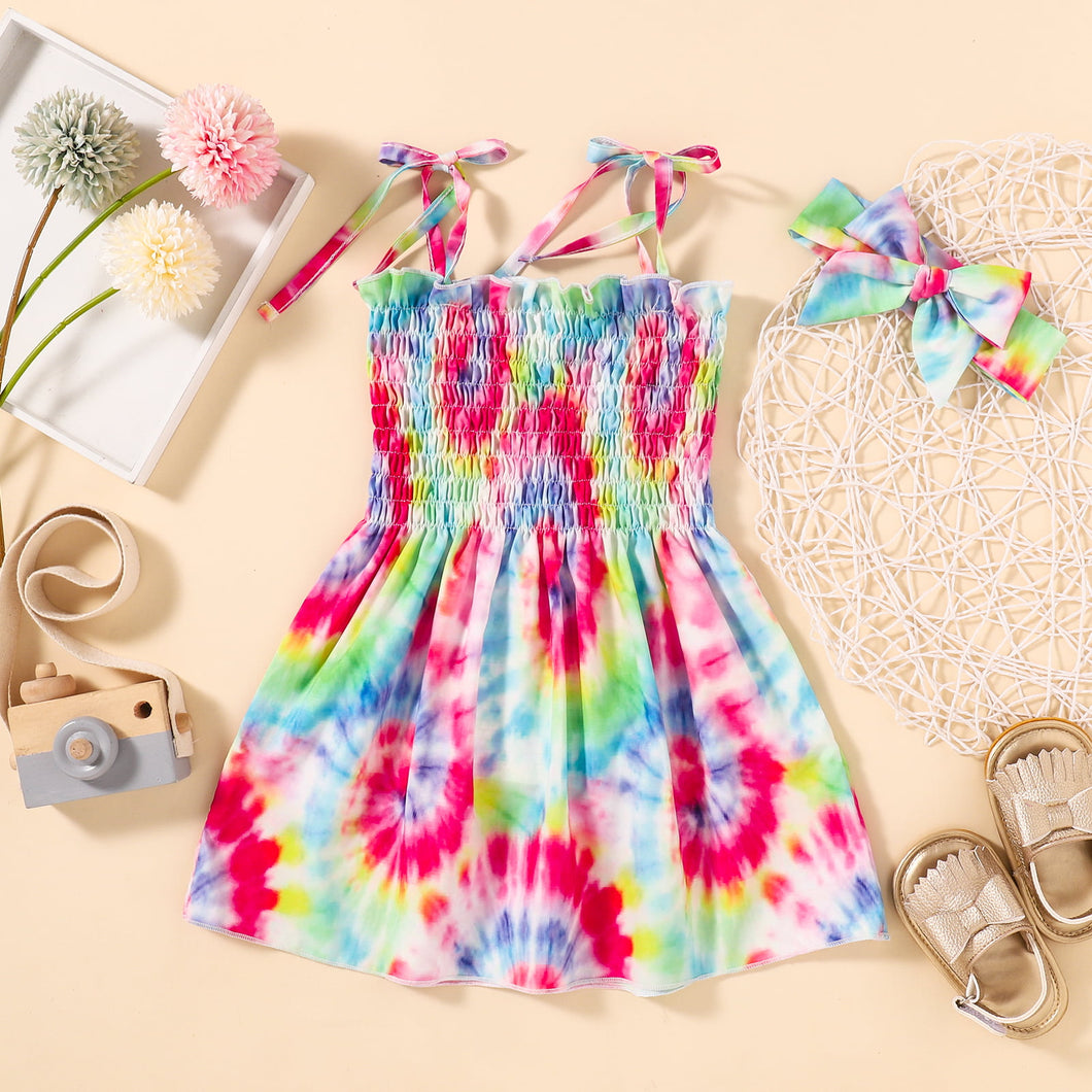 GIRLS Tie-Dye Smocked Tie-Shoulder Dress