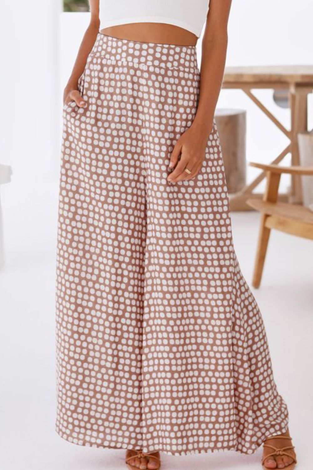 Polka Dot High Waist Wide Leg Pants with Pockets