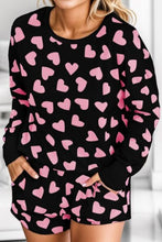 Load image into Gallery viewer, Heart Print Round Neck Top and Shorts Lounge Set