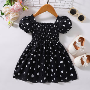 GIRLS Heart Print Smocked Square Neck Dress