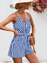 Load image into Gallery viewer, Striped Tie Waist Spaghetti Strap Romper