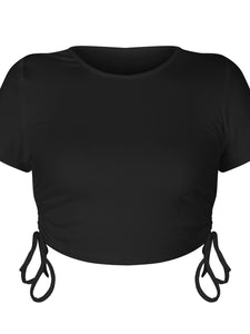 Round Neck Short Sleeve Drawstring Cropped Tee