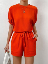 Load image into Gallery viewer, Waffle-Knit Round Neck T-Shirt and Pocketed Shorts Lounge Set