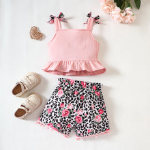 Load image into Gallery viewer, Baby Girl Decorative Button Ruffled Tank and Leopard Floral Shorts Set