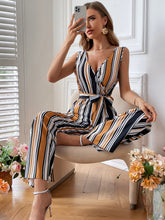 Load image into Gallery viewer, Striped Surplice Neck Sleeveless Wide Leg Jumpsuit