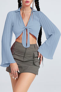 Tie Front Johnny Collar Flare Sleeve Cropped Top