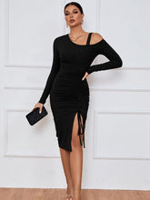 Load image into Gallery viewer, Ribbed Ruched Drawstring Wrap Dress