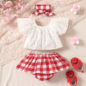 Baby Girl Eyelet Round Neck Top and Plaid Skort Set