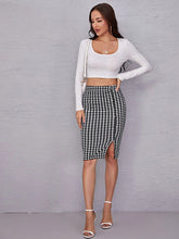 Load image into Gallery viewer, Houndstooth Slit Knee-Length Skirt