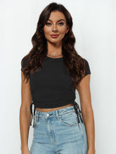 Load image into Gallery viewer, Round Neck Short Sleeve Drawstring Cropped Tee