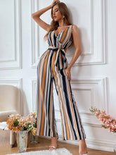 Load image into Gallery viewer, Striped Surplice Neck Sleeveless Wide Leg Jumpsuit