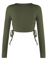 Load image into Gallery viewer, Drawstring Round Neck Long Sleeve Cropped Top