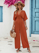 Load image into Gallery viewer, Decorative Button V-Neck Half Sleeve Jumpsuit