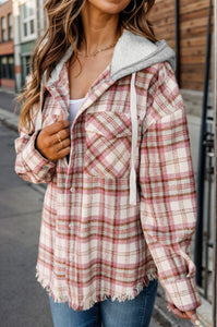 Plaid Raw Hem Drawstring Hooded Jacket