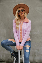 Load image into Gallery viewer, Contrast Collared Neck Cable-Knit Cardigan