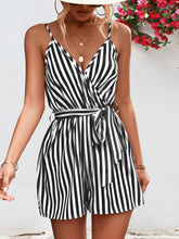 Load image into Gallery viewer, Striped Tie Waist Spaghetti Strap Romper