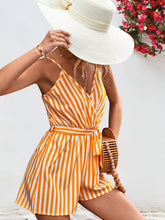 Load image into Gallery viewer, Striped Tie Waist Spaghetti Strap Romper