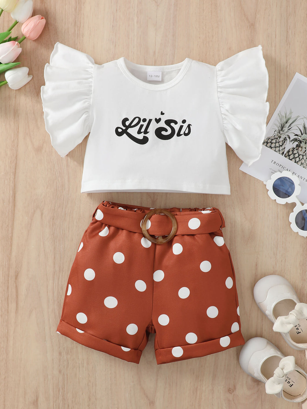 Baby Girl Graphic Butterfly Sleeve Top and Polka Dot Shorts Set