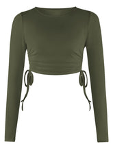 Load image into Gallery viewer, Drawstring Round Neck Long Sleeve Cropped Top