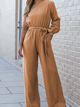 Load image into Gallery viewer, Texture Single Shoulder Tie-Waist Jumpsuit