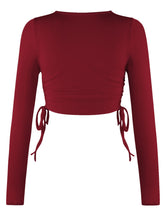 Load image into Gallery viewer, Drawstring Round Neck Long Sleeve Cropped Top