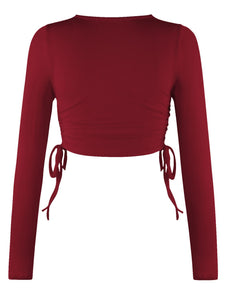 Drawstring Round Neck Long Sleeve Cropped Top