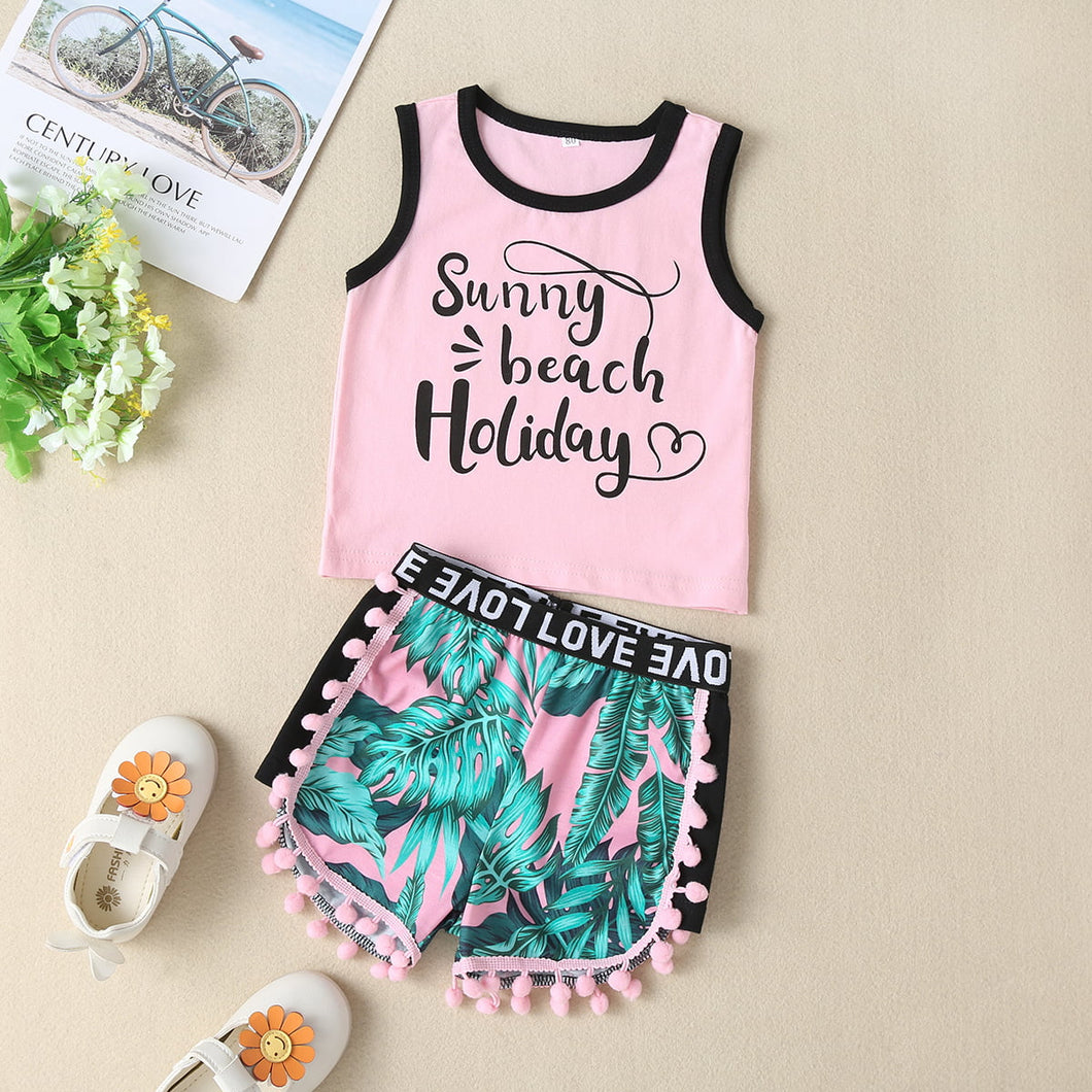 Baby Girl SUNNY BEACH HOLIDAY Graphic Tank and Printed Pom-Pom Trim Shorts Set