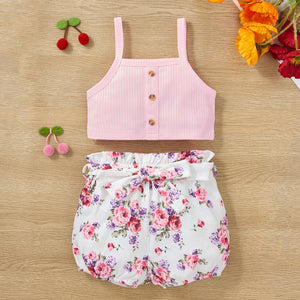 Baby Girl Decorative Button Tank and Floral Shorts Set