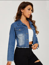 Load image into Gallery viewer, Collared Neck Raw Hem Denim Jacket