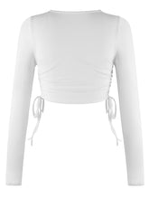 Load image into Gallery viewer, Drawstring Round Neck Long Sleeve Cropped Top