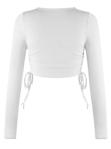 Drawstring Round Neck Long Sleeve Cropped Top