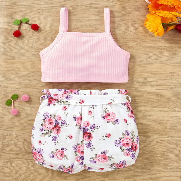 Baby Girl Decorative Button Tank and Floral Shorts Set