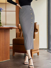 Load image into Gallery viewer, Houndstooth Decorative Button Slit Midi Skirt