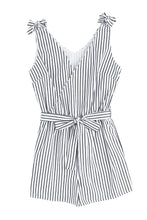 Load image into Gallery viewer, Striped Tie-Shoulder Belted Surplice Romper