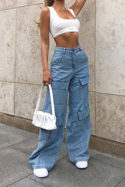 Wide Leg Knee Cargo Jeans