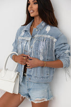 Load image into Gallery viewer, Sequin Fringe Trim Distressed Button Up Denim Jacket