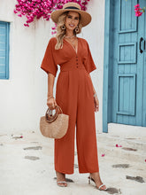 Load image into Gallery viewer, Decorative Button V-Neck Half Sleeve Jumpsuit