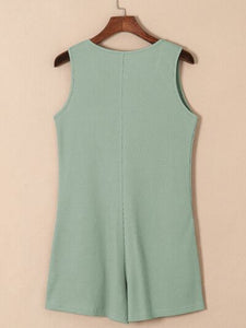 Waffle-Knit Half Button Sleeveless Romper with Pockets