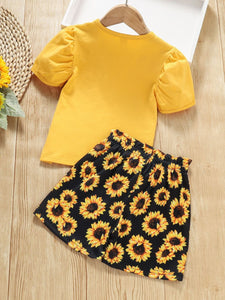 Baby Girl Slogan Graphic Top and Sunflower Print Shorts Set