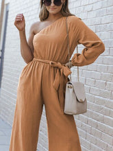 Load image into Gallery viewer, Texture Single Shoulder Tie-Waist Jumpsuit